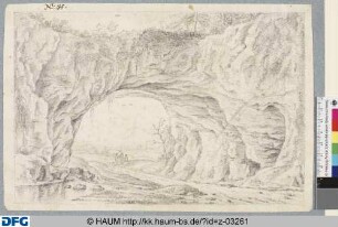 Blick durch bogenförmige Öffnung in einem Fels auf Landschaft mit Gruppe dreier Menschen im Gespräch vorn und Bergen im Hintergrund
