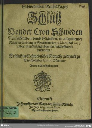 Schwedischen Reichs-Tages Schluß