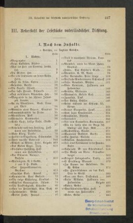 III. Uebersicht der Lesestücke vaterländischer Dichtung