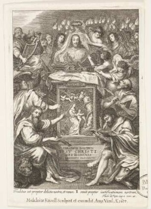 Titelblatt mit den vier Evangelisten und einer Büste Christi