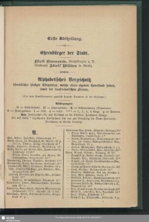 Erste Abtheilung. Einwohnerverzeichnis : Erste Abtheilung. Alphabetisches Verzeichniß sämmtlicher hiesiger Einwohner, welche einen eigenen Hausstand haben, sowie der kaufmännischen Firmen