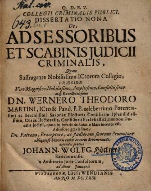 Collegii Criminalis Publici, Dissertatio Nona De Adsessoribus Et Scabinis Judicii Criminalis
