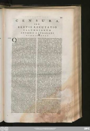 Censura, Seu Brevis Refutatio Calumniarum Antonii Cathalani Mendicabuli.