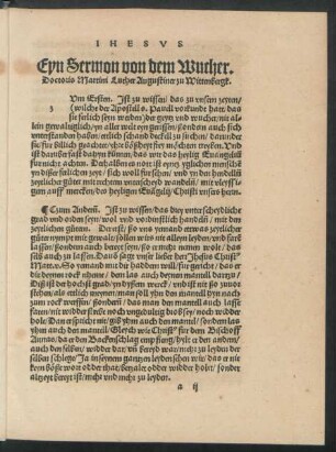 Ihesus Eyn Sermon von dem Wucher. Doctoris Martini Luther Augustiner zu Wittenbergk.