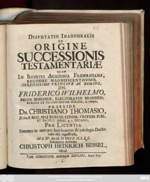 Disputatio Inauguralis De Origine Successionis Testamentariæ