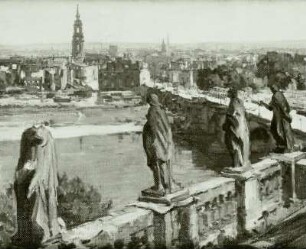 Blick von der Hofkirche auf Neustadt : Blick von der Hofkirche auf Neustadt. Öl auf Hartfaserplatte; 42 x 50 cm, 1949. Dresden - Bekenntnis und Verpflichtung: Malerei, Graphik, Plastik, Dokumente. Ausstellung aus Anlaß des 40. Jahrestages der Zerstörung Dresdens im Albertinum vom 5. Februar bis 8. Mai 1985