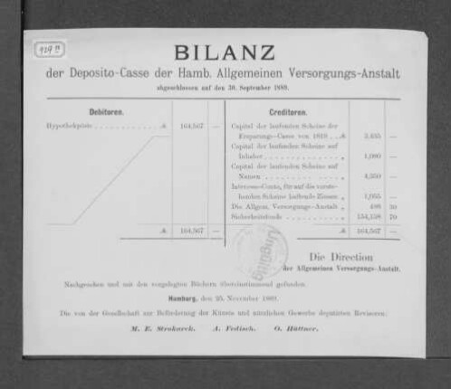 1889: Bilanz der Deposito-Casse der Hamburgischen Allgemeinen Versorgungs-Anstalt