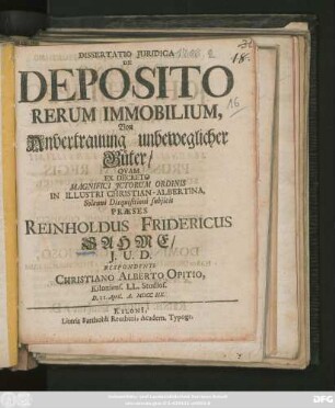 Dissertatio Juridica De Deposito Rerum Immobilium