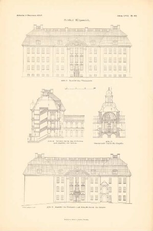 Schloss, Berlin-Köpenick: Ansicht von der Parkseite, Ansicht von der Wasserseite, Schnitt durch den Mittelbau, Schnitt durch die Kapelle (aus: Atlas zur Zeitschrift für Bauwesen, hrsg. v. Ministerium der öffentlichen Arbeiten, Jg. 57, 1907)