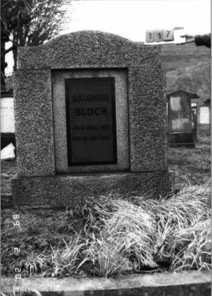 Grabstein 117 (Index: 99798487) Material: Granit, Schriftplatte Marmor Zustand: gut, Platte mehrfach gesprungen Maße HxBxT: 155x126x22 cm Beschreibung: Monument mit eingezogenem Bogenabschluß, Schriftplatte, Sockel: Grabstein 117