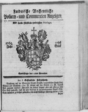 37tes Stück, Ausgabe vom 28. December 1765