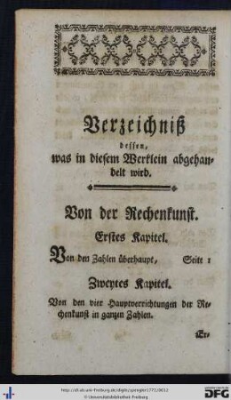 Verzeichniß dessen, was in diesem Werklein abgehandelt wird.