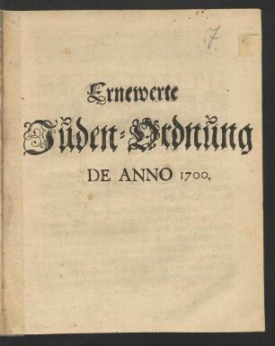 Ernewerte Juden-Ordnung De Anno 1700. : [So geben in Unserer Residentz-Stadt Bonn den 28. Iunii 1700.]