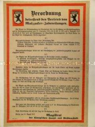 Maueranschlag mit einer Verordnung über den Vertrieb von Malzzucker-Zubereitungen