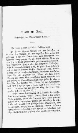 Worte am Grab. / Gesprochen von Stadtpfarrer Gauger