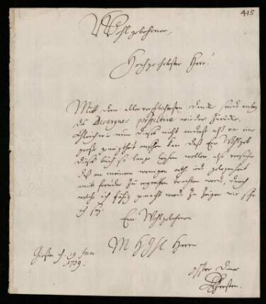 Brief von Christian Ludwig Gersten an Johann Friedrich von Uffenbach, Gießen, 19.1.1739