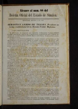Alcance al num. 88 del Boletin Oficial del Estado de Sinaloa.