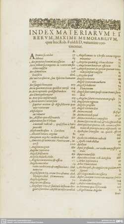 INDEX MATERIARUM ET RERUM, MAXIME MEMORABILIUM, quae hoc Rob. Fulddi D, volumine continentur,