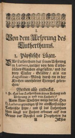 I. Von dem Ursprung des Lutherthums.