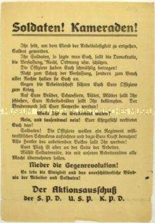 Aufruf des Aktionsausschusses von SPD, USPD und KPD an Soldaten zur gemeinsamen Bildung von Arbeiter- und Soldatenräten gegen den Lüttwitz-Kapp-Putsch 1920