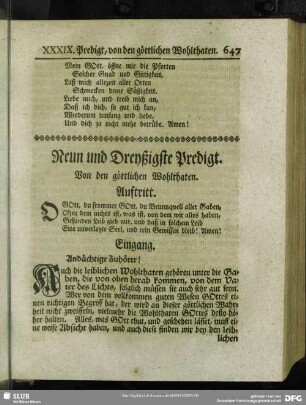 Neun und Dreyßigste Predigt. Von den göttlichen Wohlthaten