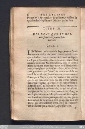 Titre III. Des Lois Qui Se Doivent faire en & pour la Monarchie.