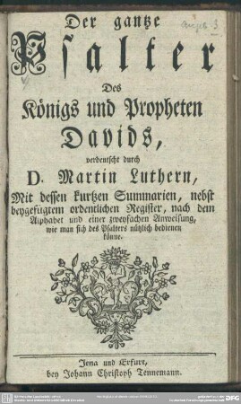Der gantze Psalter Des Königs und Propheten Davids