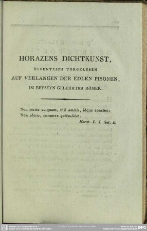 Horazens Dichtkunst, Öffentlich Vorgelesen Auf Verlangen Der Edlen Pisonen, im Beyseyn Gelehrter Römer