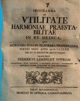 Programma De Utilitate Harmoniae Praestabilitae In Re Medica