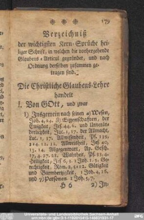 Verzeichniß der wichtigsten Kern-Sprüche heiliger Schrift, in welchen die vorhergehende Glaubens-Articul gegründet, und nach Ordnung derselben zusammen getrachten sind.