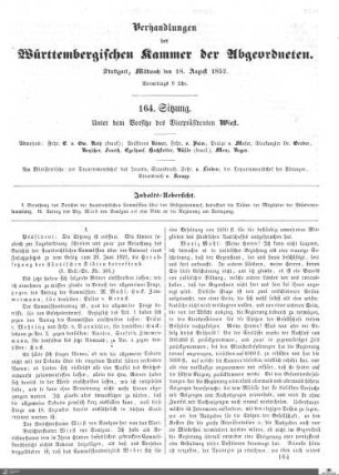 164. Sitzung, Stuttgart, 18.8.1852