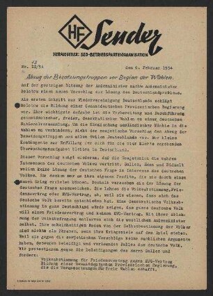 'HF-Sender' [Flugblatt], Nr.13/1954 (6. Februar 1954)