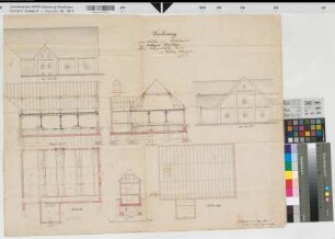 Crollage (Preußisch Oldendorf) Neubau eines Viehhauses Grundriß, Ansichten, Schnitte 1882 1 : 100 56 x 73 kol. Zeichnung W. Bünemann, Zimmermeister Ledebur-Crollage K Nr. 6