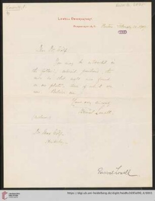 Briefe von Percival Lowell an Max Wolf: Brief von Percival Lowell an Max Wolf
