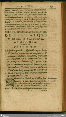 De Vitae Atque Morum Disciplina, Ad Mediolanses. Oratio XIV.