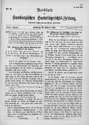 Beiblatt zur hamburgischen Handelsgerichts-Zeitung No. 8. Zweiter Jahrgang. Hamburg, 20. Februar 1869.