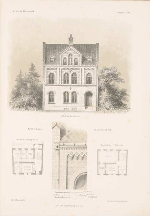 Pastorat von St. Ursula, Köln: Grundrisse, Ansicht, Detail (aus: Architektonisches Skizzenbuch, H. 53/5, 1861)