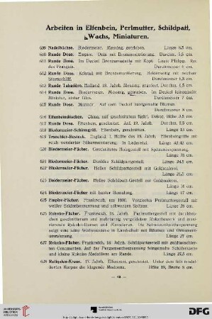 Arbeiten in Elfenbein, Perlmutter, Schildpatt, Wachs, Miniaturen (Nr. 609-656)