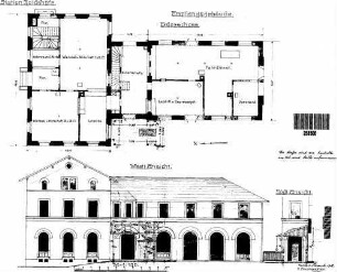 Goldshöfe: Empfangsgebäude Verwaltungsgebäude Grundriß Erdgeschoß,südl.u.westl.Ansicht