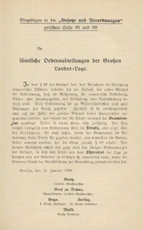 An sämtliche Ordensabteilungen der Großen Landes-Loge