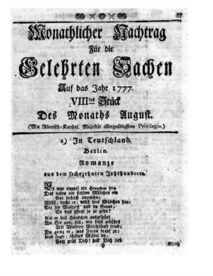 Monathlicher Nachtrag [...] Auf das Jahr 1777. VIIItes Stück Des Monaths August