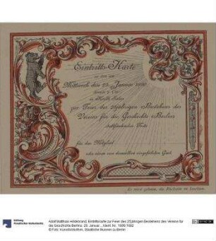 Eintrittskarte zur Feier des 25jährigen Bestehens des Vereins für die Geschichte Berlins. 29. Januar 1890