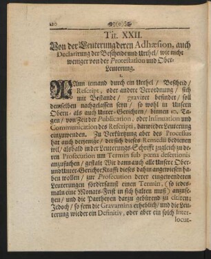 Tit. XXII. Von der Leuterung deren Adhaesion, auch Declarirung der Bescheide und Urthel, wie nicht weniger von der Protestation und Ober-Leuterung.