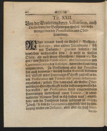 Tit. XXII. Von der Leuterung deren Adhaesion, auch Declarirung der Bescheide und Urthel, wie nicht weniger von der Protestation und Ober-Leuterung.
