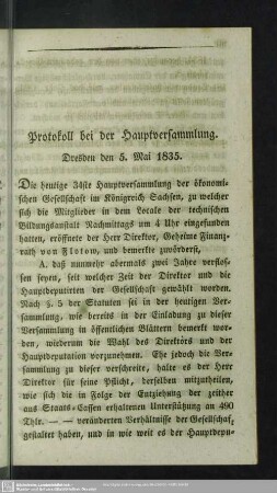 Protokoll bei der Hauptversammlung. Dresden den 5. Mai 1835