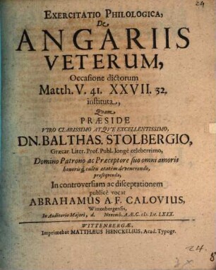 Exercitatio philol. de angariis Veterum