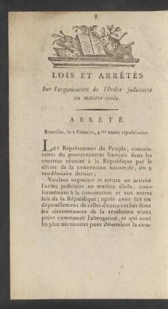 Arrêté. Bruxelles, le 2 Frimaire, 4.me année républicaine = Beschluß. Brüssel, den 2ten Frimaire 4ten Jahrs der fränkischen Republick