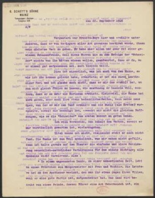Brief an B. Schott's Söhne : 22.09.1916