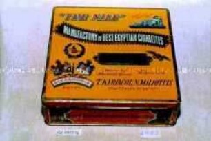 Blechdose für "100 CIGARETTES 'THE NILE', MARK REGIST No 76. MANUFACTORY OF BEST EGYPTIAN CIGARETTES, ALEXANDRIA"