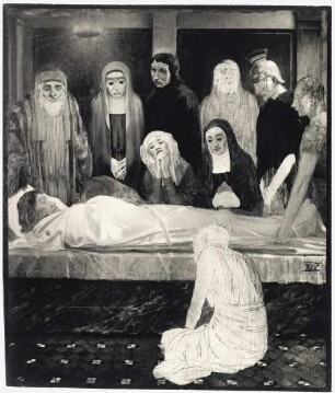 XIV. Station: Der Leichnam Jesus wird ins Grab gelegt (Vorzeichnung mit Untermalung) : Stationen des Kreuzweges Jesu (für die Kirche in Schönbrunn im Steigerwald). XIV. Station: Der Leichnam Jesus wird ins Grab gelegt (Vorzeichnung mit Untermalung). Gemälde (1928; M. Molitor)